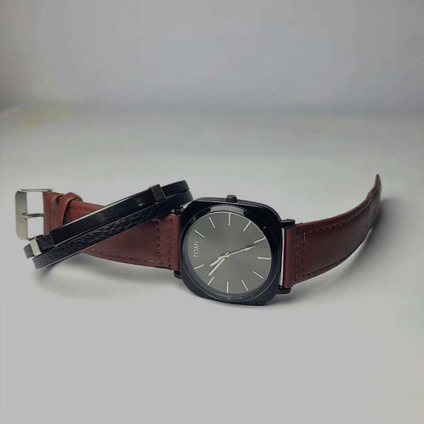 Decent Leather Strap Watch with Bracelet